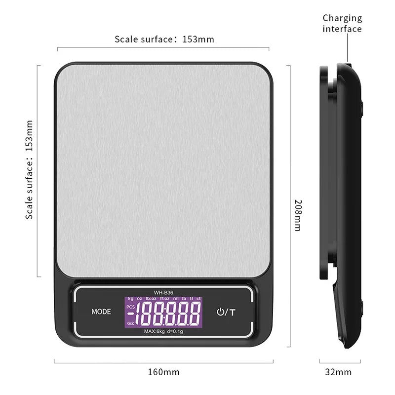 6Kg/0.1G 10Kg/1G Digital Electronic Kitchen Scale LCD Display Fully Waterproof Stainless Steel Measuring Weighing Baking Tool