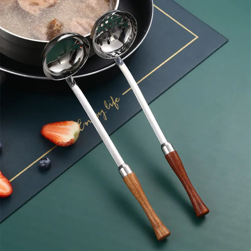 Stainless Steel Skimmer & Soup Ladle with Long Wooden Handle