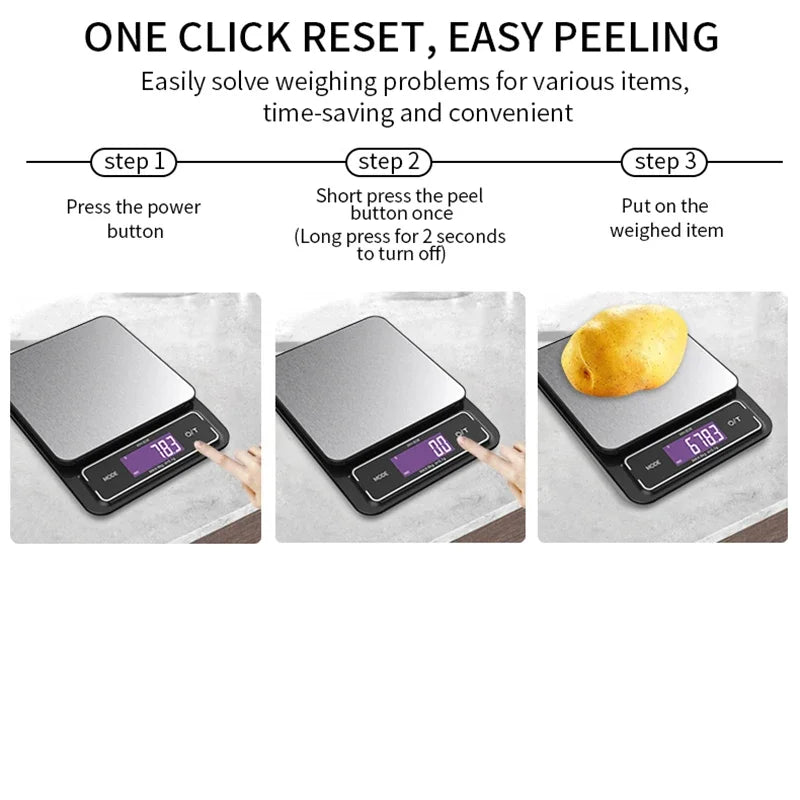 6Kg/0.1G 10Kg/1G Digital Electronic Kitchen Scale LCD Display Fully Waterproof Stainless Steel Measuring Weighing Baking Tool