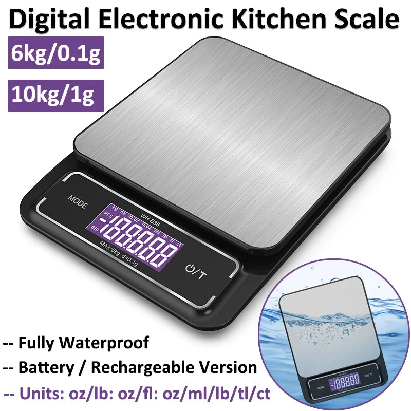 6Kg/0.1G 10Kg/1G Digital Electronic Kitchen Scale LCD Display Fully Waterproof Stainless Steel Measuring Weighing Baking Tool