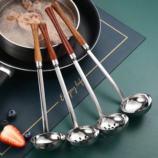 Stainless Steel Skimmer & Soup Ladle with Long Wooden Handle